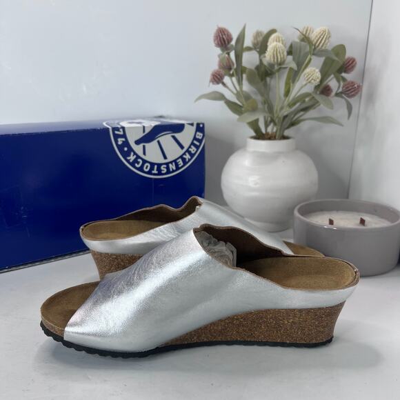 Papillio Birkenstock Debby Slip On Wedge Silver Metallic Women 7/EU38 Tried On - Picture 7 of 12